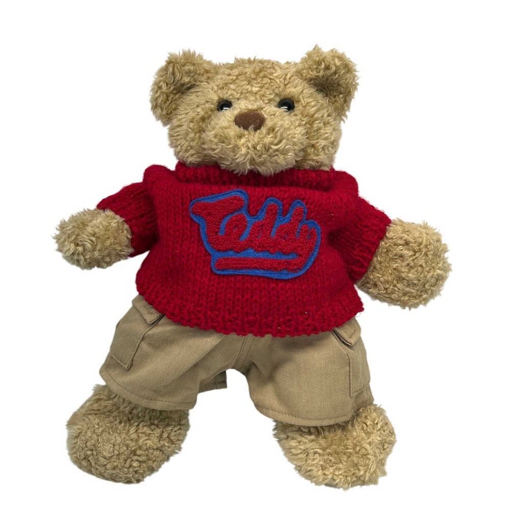 Vintage 90s Build-A-Bear BAB Teddy 14" Curly Tan Red Sweater Khaki Cargo Shorts